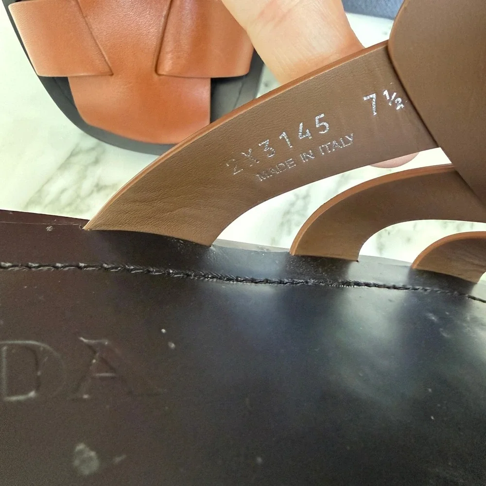 Prada 2X3145 Cognac Leather Fisherman's Mules Sandals Shoes, Sz. US 8.5 (UK 7.5)